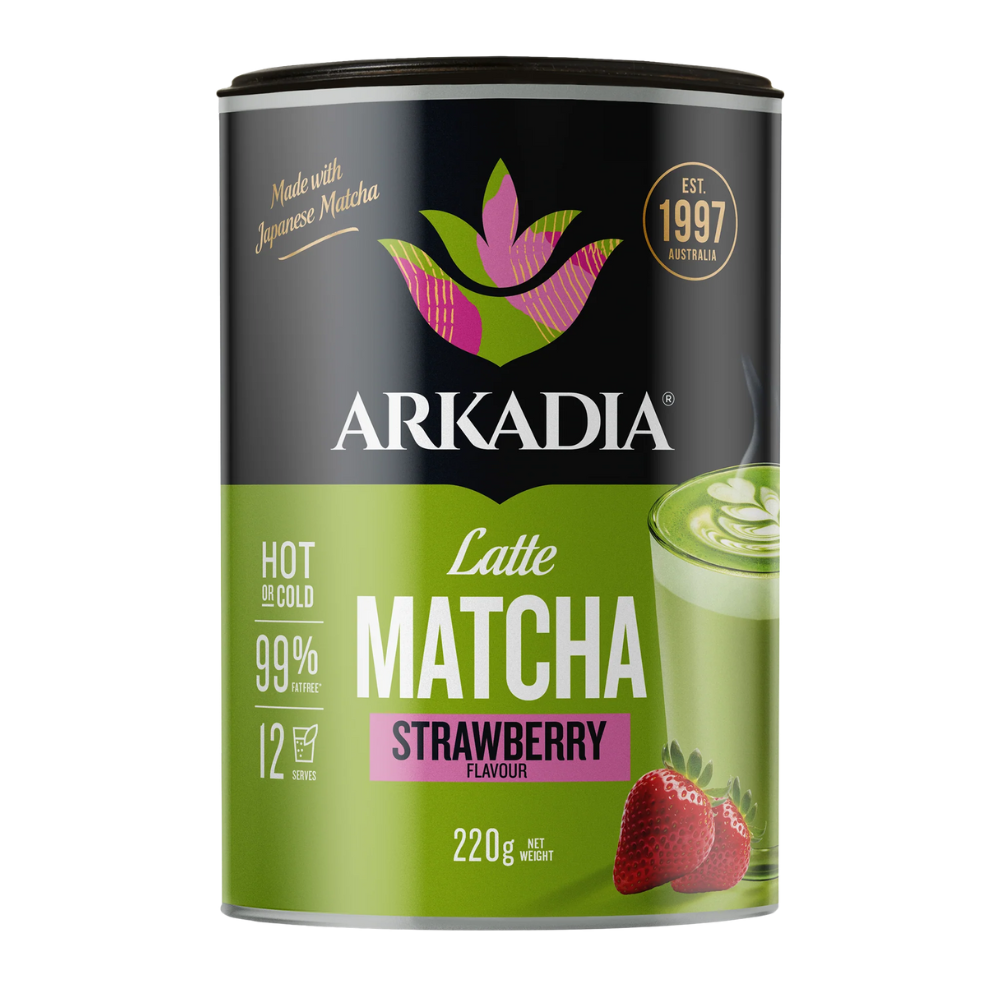 Arkadia Matcha Strawberry flavor latte canister on a white background