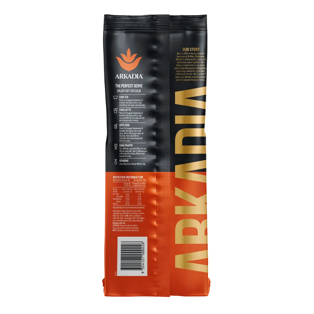 Arkadia product packaging with black and orange design on a white background