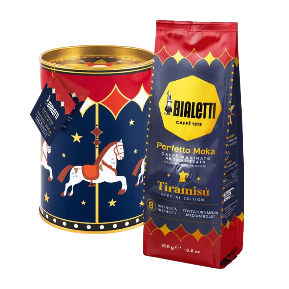 Bialetti coffee can and bag with circus-themed design on a white background