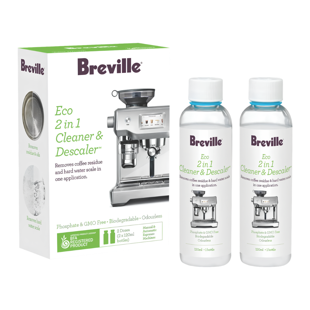 Breville Eco 2 in 1 Cleaner & Descaler kit, including one box and two 230ml bottles of the cleaning solution on a white background.
