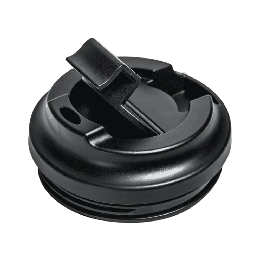 Black plastic lid with a clip on a white background