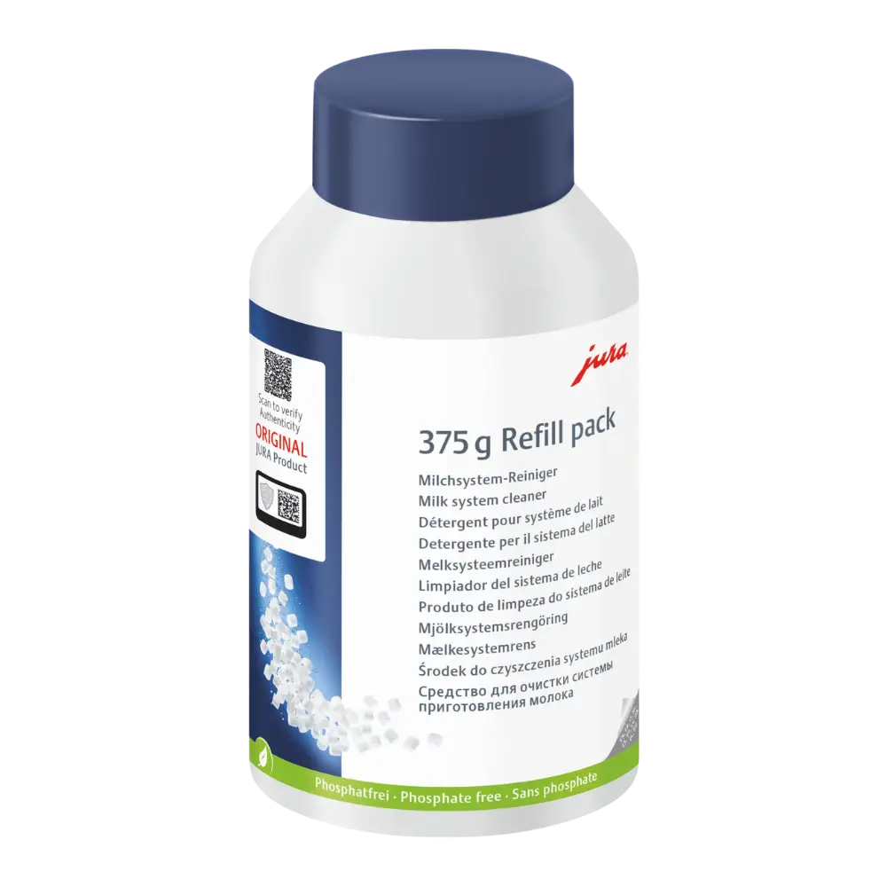 Bottle of Jura milk system cleaner with blue cap on a white background