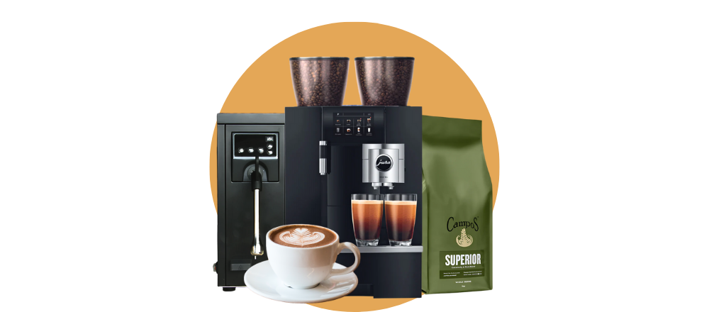 Coffee machine, coffee beans, and coffee cups on a white background