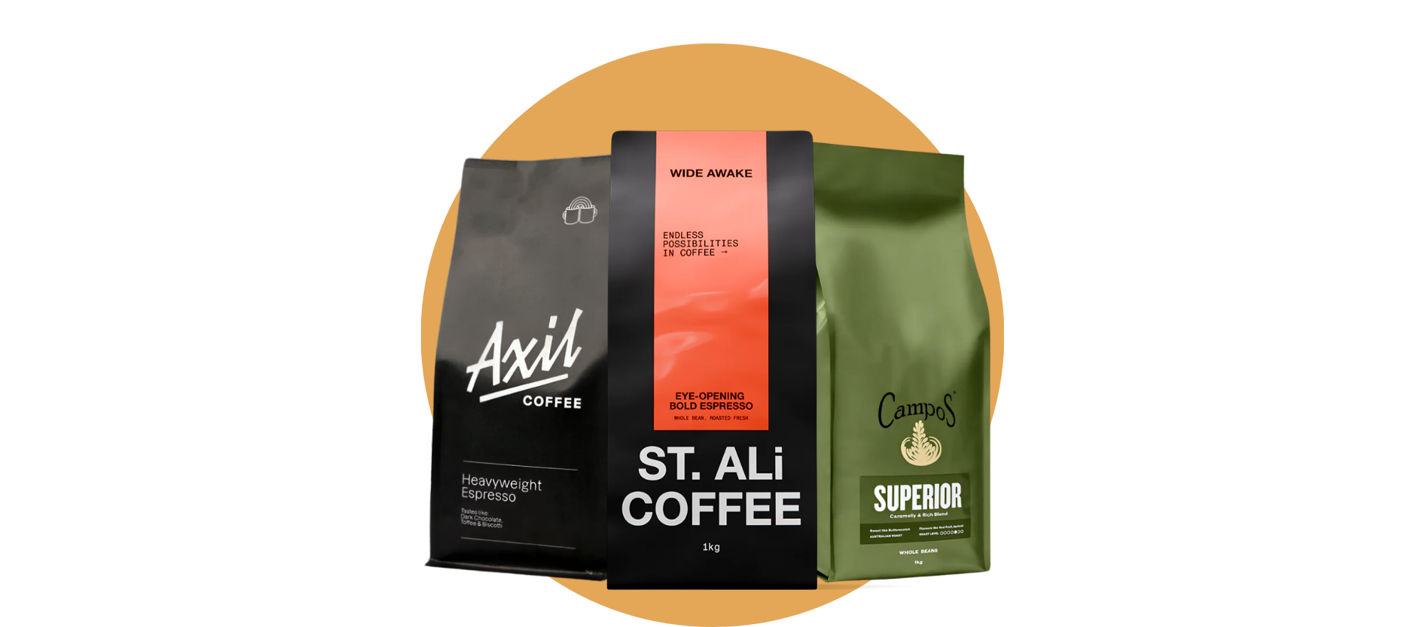 Three coffee bags from different brands on a white background