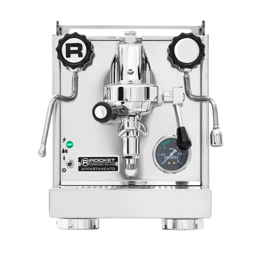 A Rocket Espresso Appartamento espresso machine in polished stainless steel with chrome accents, featuring two black and white adjustment dials, a pressure gauge, and a lever arm on a clean white background.