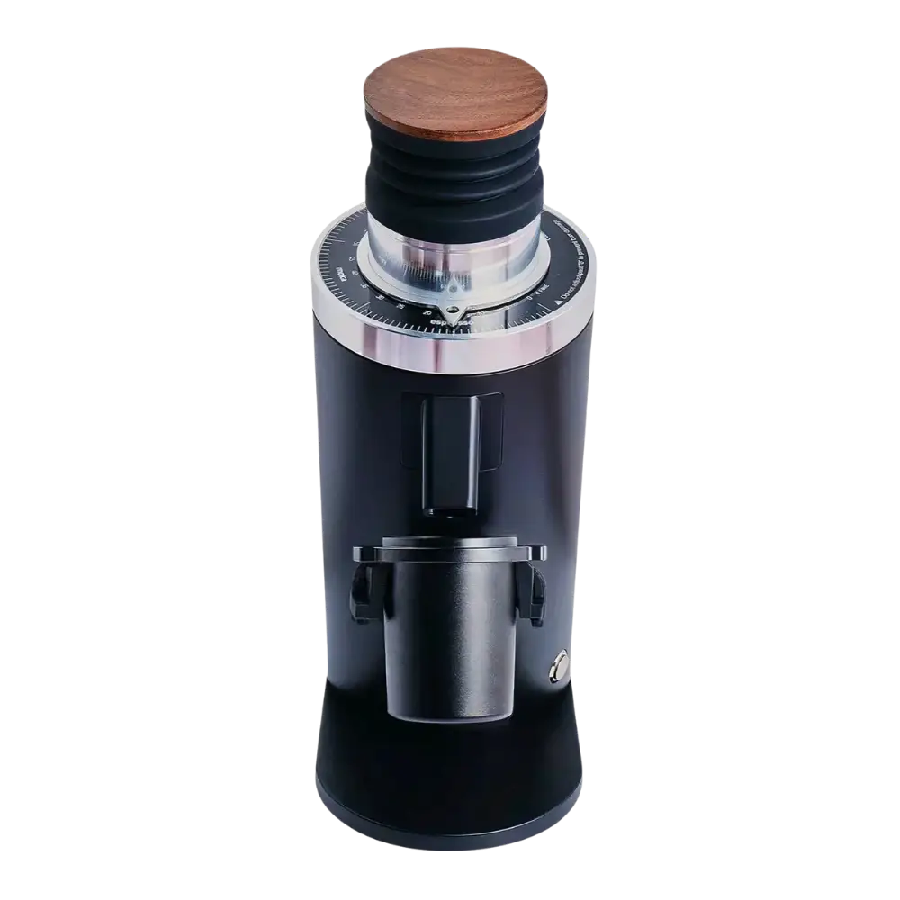 Black coffee grinder with wooden top on a white background