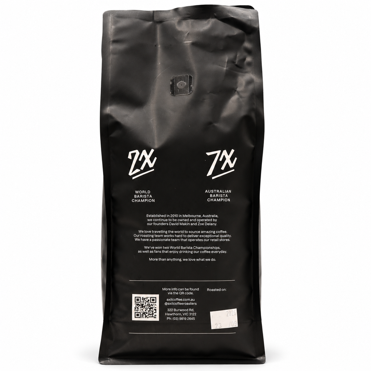 Axil Heavyweight Espresso Blend Coffee Beans 1kg, back of the pack