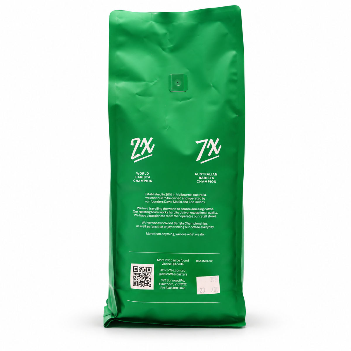 Axil Seasonal Espresso Blend Coffee Beans 1kg, back of the pack
