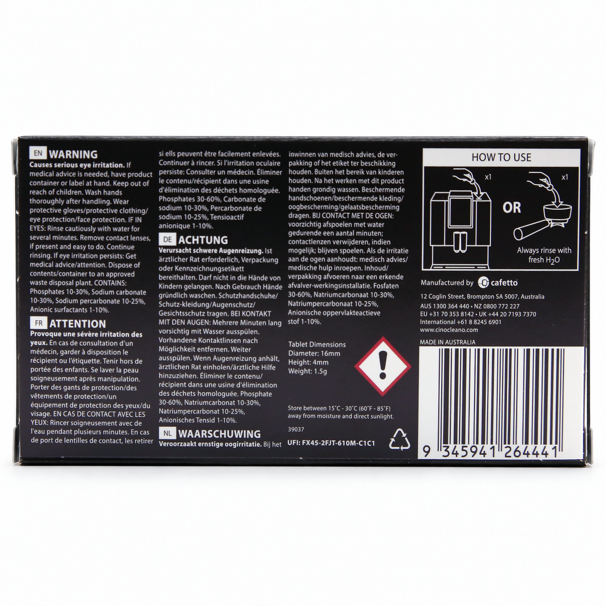 Breville Coffee Machine Cleaning Tablets Cino Cleano - 8 pack, back of the pack