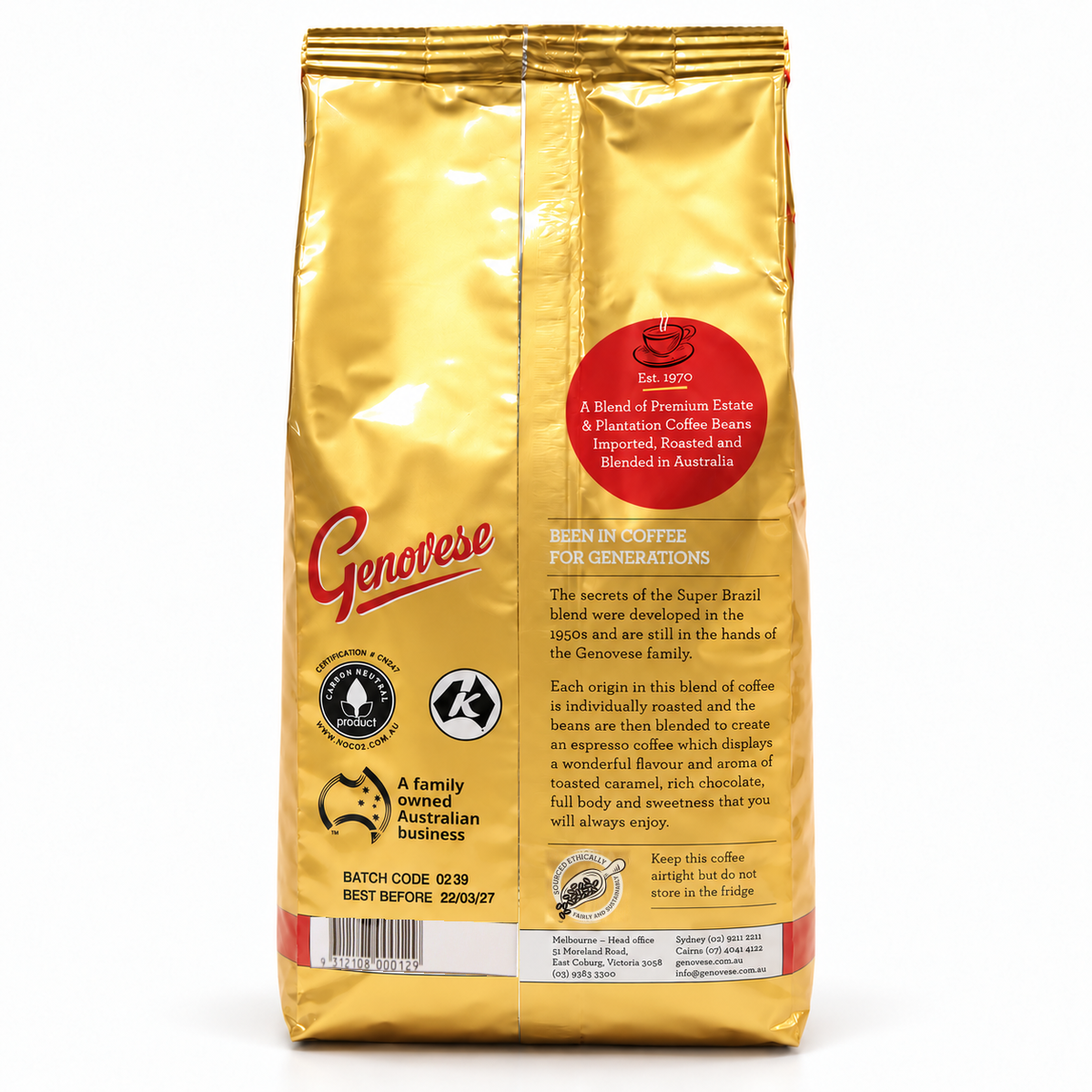 Genovese Super Brazil Coffee Beans 1kg, back of the pack