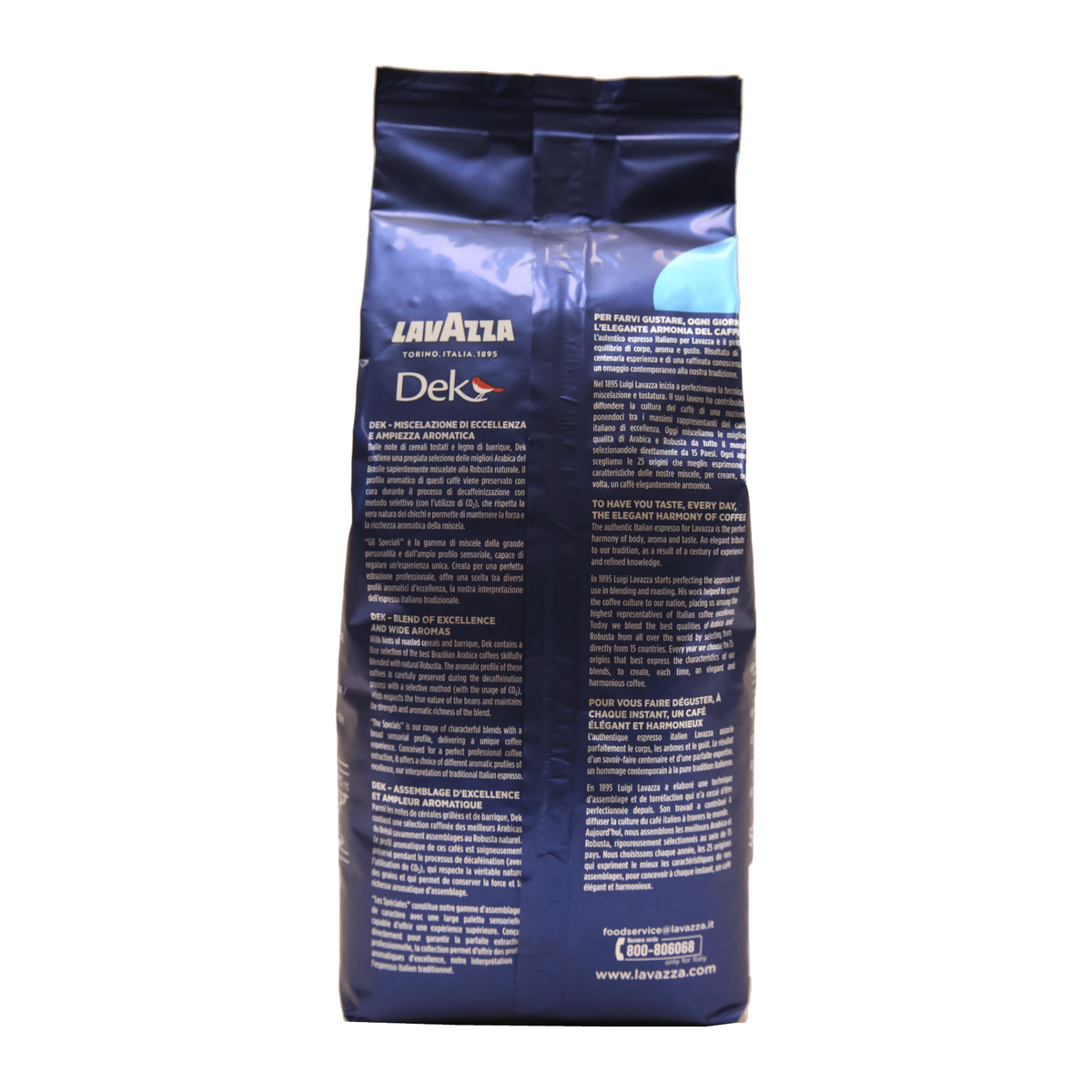 Lavazza Professional DEK decaffeinated coffee beans 500g, back of the pack