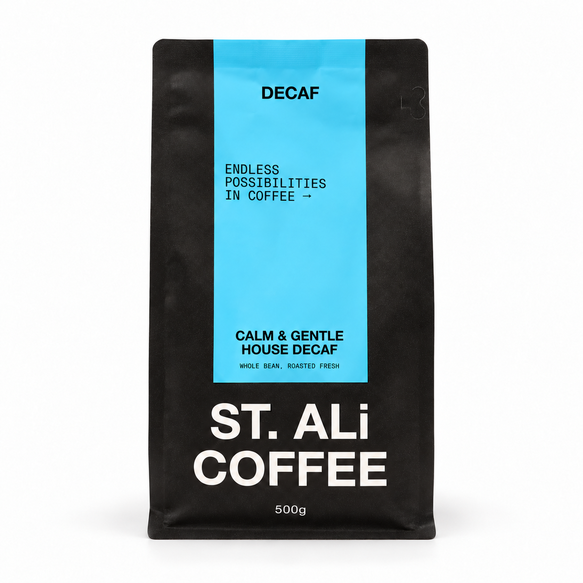 ST. ALi Calm & Gentle House Decaf Coffee Beans 500g, front of the pack