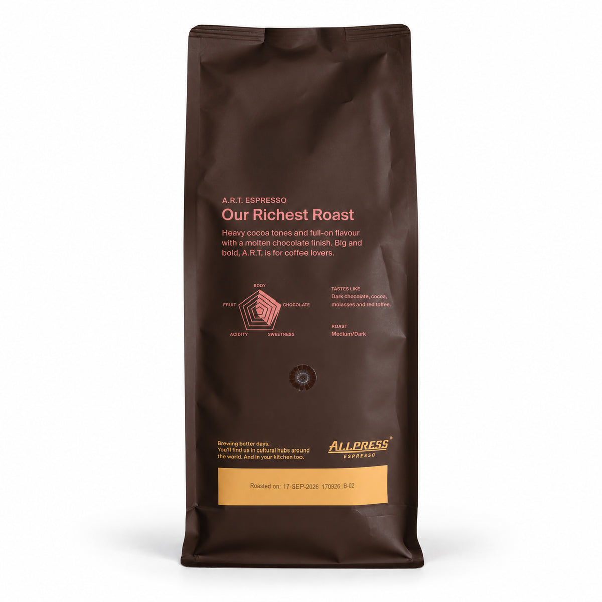Allpress A.R.T. Espresso Blend Coffee Beans 1kg, back of the pack