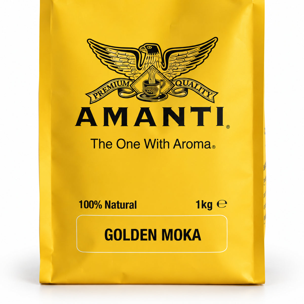 Amanti Golden Moka Coffee Beans 1kg, close-up of the label