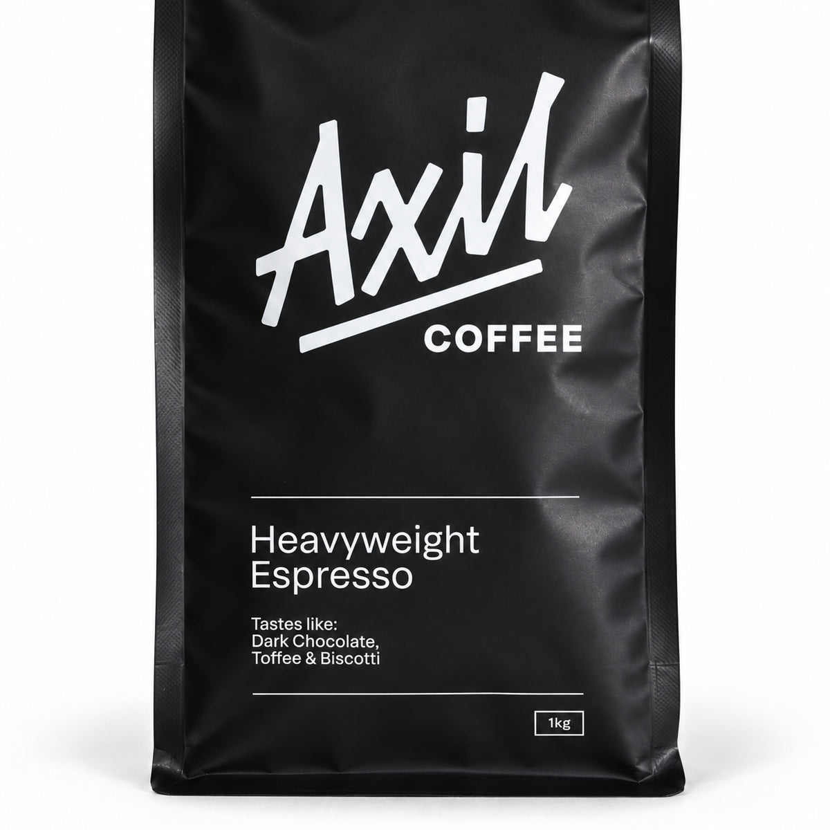 Axil Heavyweight Espresso Blend Coffee Beans 1kg, close-up of the label