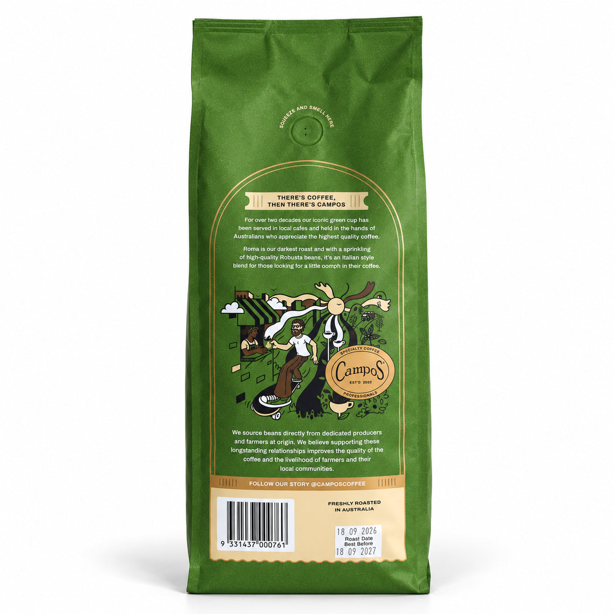 Campos Roma Espresso Blend Coffee Beans 1kg, back of the pack