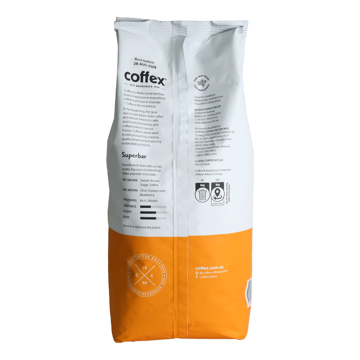 Coffex SuperBar Coffee Beans 1kg, back of the pack