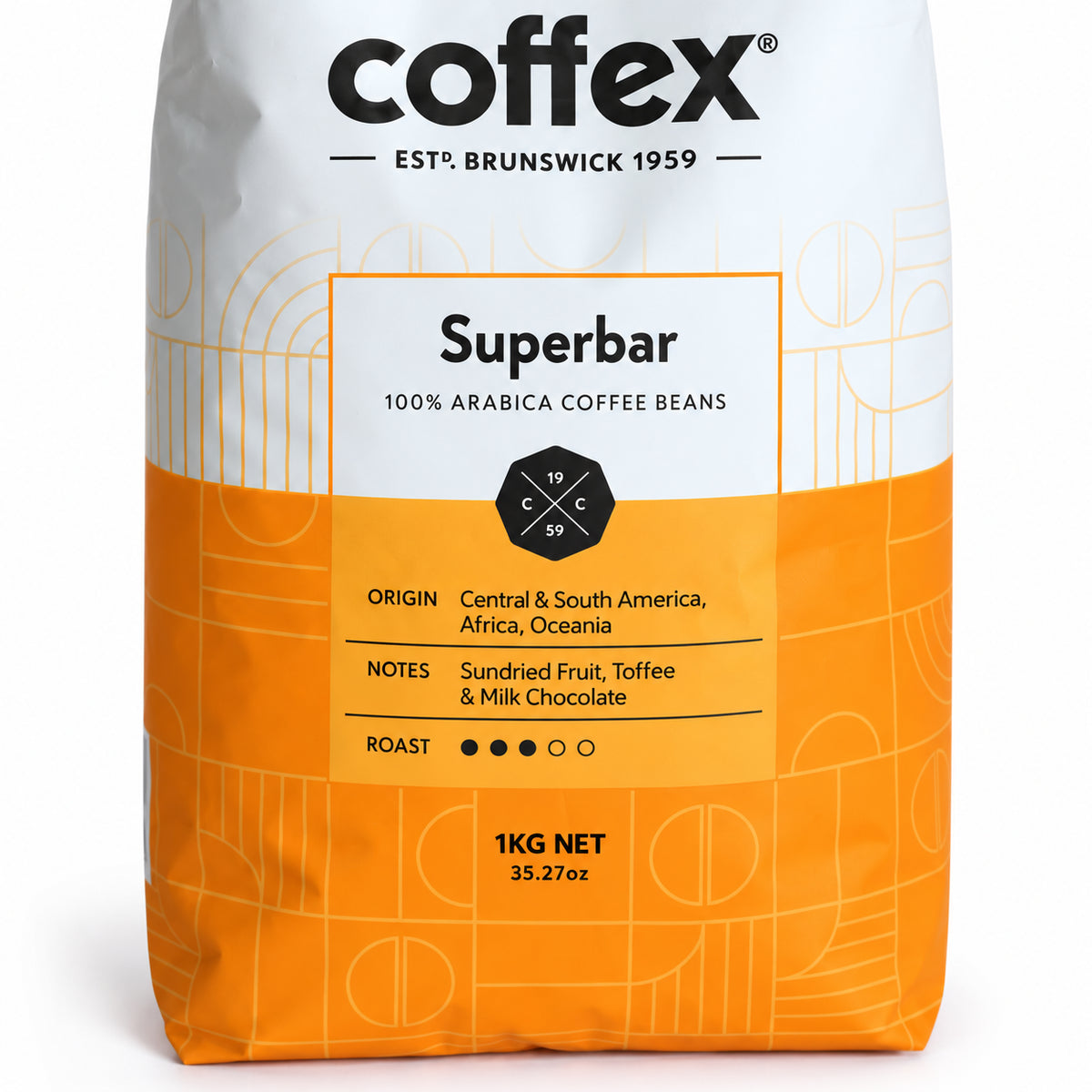 Coffex SuperBar Coffee Beans 1kg, close-up of the label