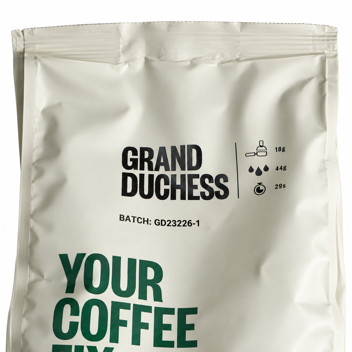 Griffiths Bros Grand Duchess Coffee Beans 1kg, close-up of the label
