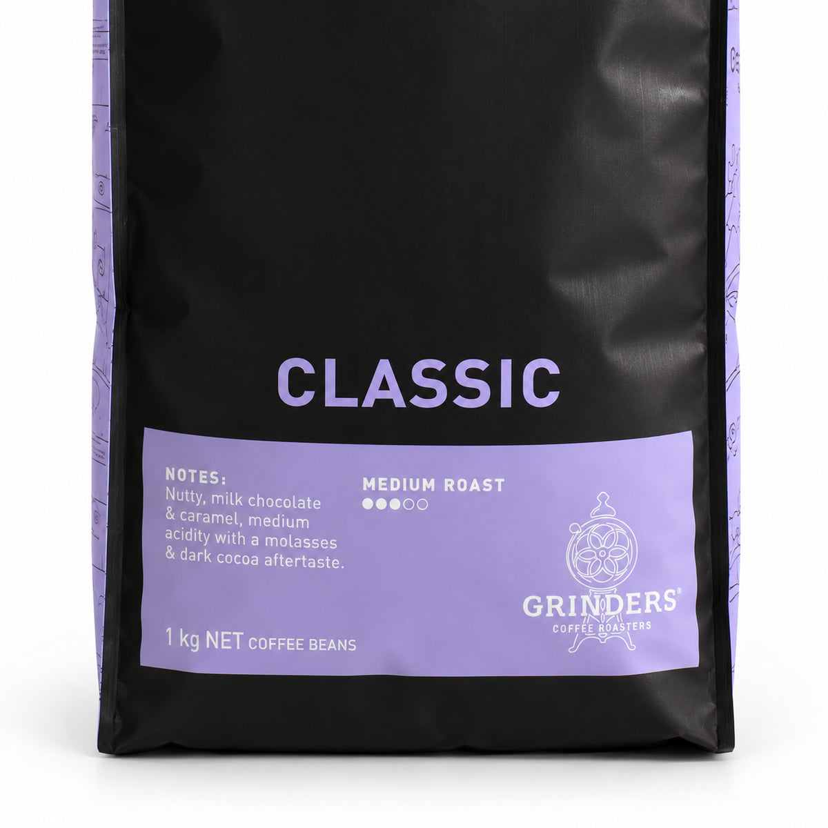 Grinders CLASSIC BLEND Coffee Beans 1kg, close-up of the label