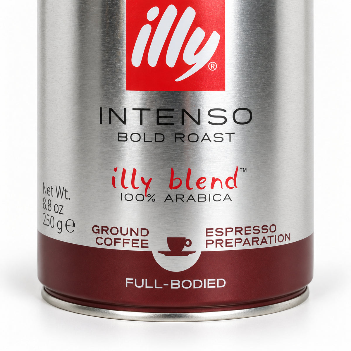 Illy Intenso Dark Roast Ground Coffee, close-up of the label