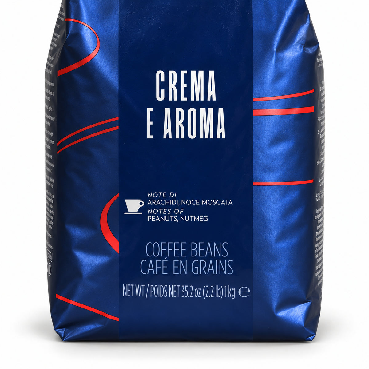 Lavazza Blue Crema e Aroma Coffee Beans 1kg, close-up of the label