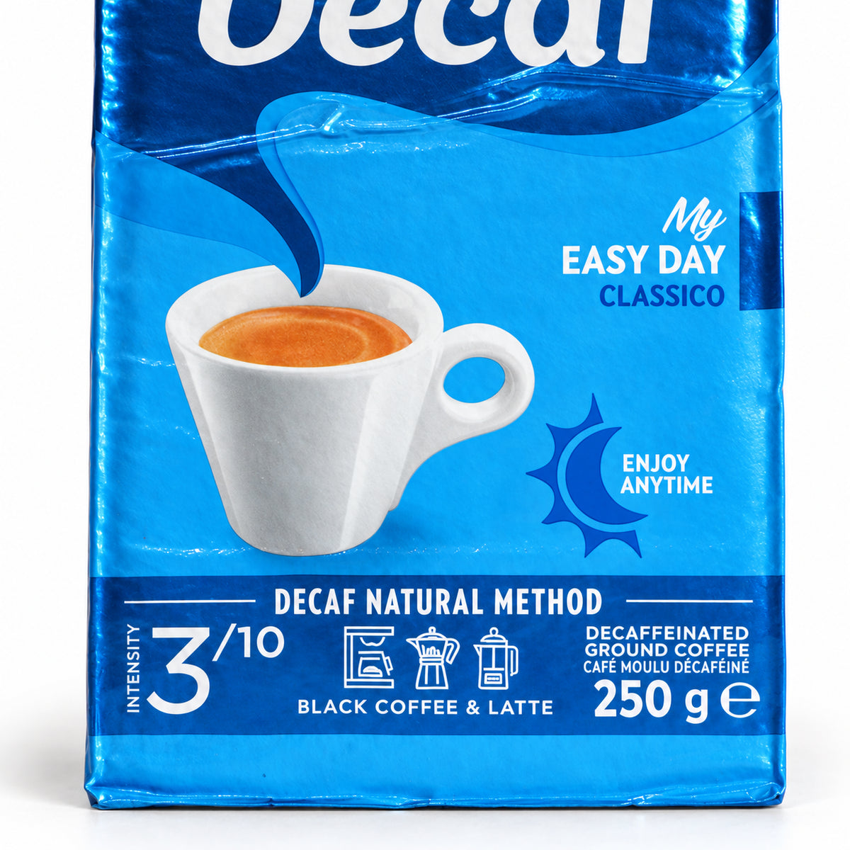 Lavazza Caffe Decaffeinato ground coffee 250g, close-up of the label
