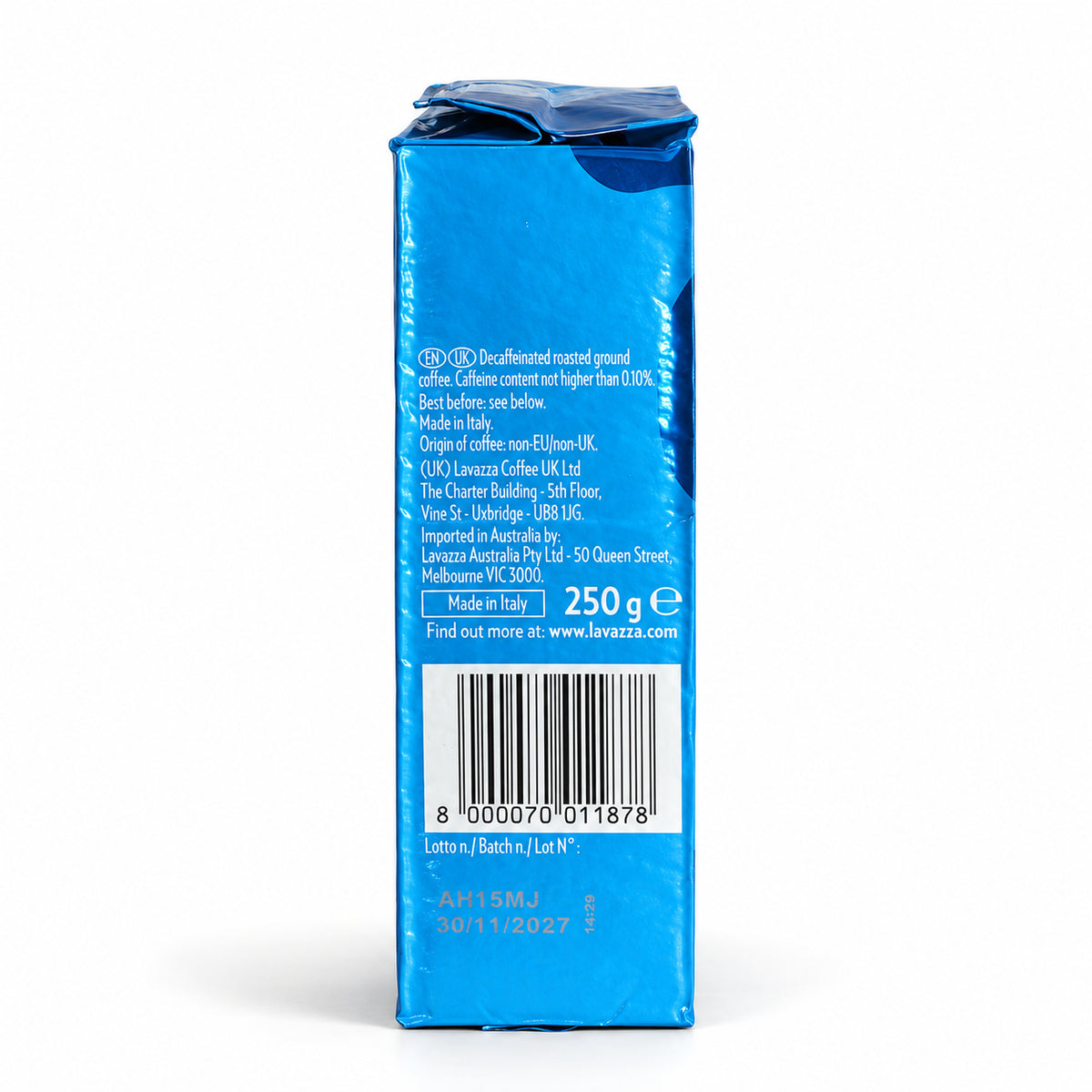 Lavazza Caffe Decaffeinato ground coffee 250g, side of the pack
