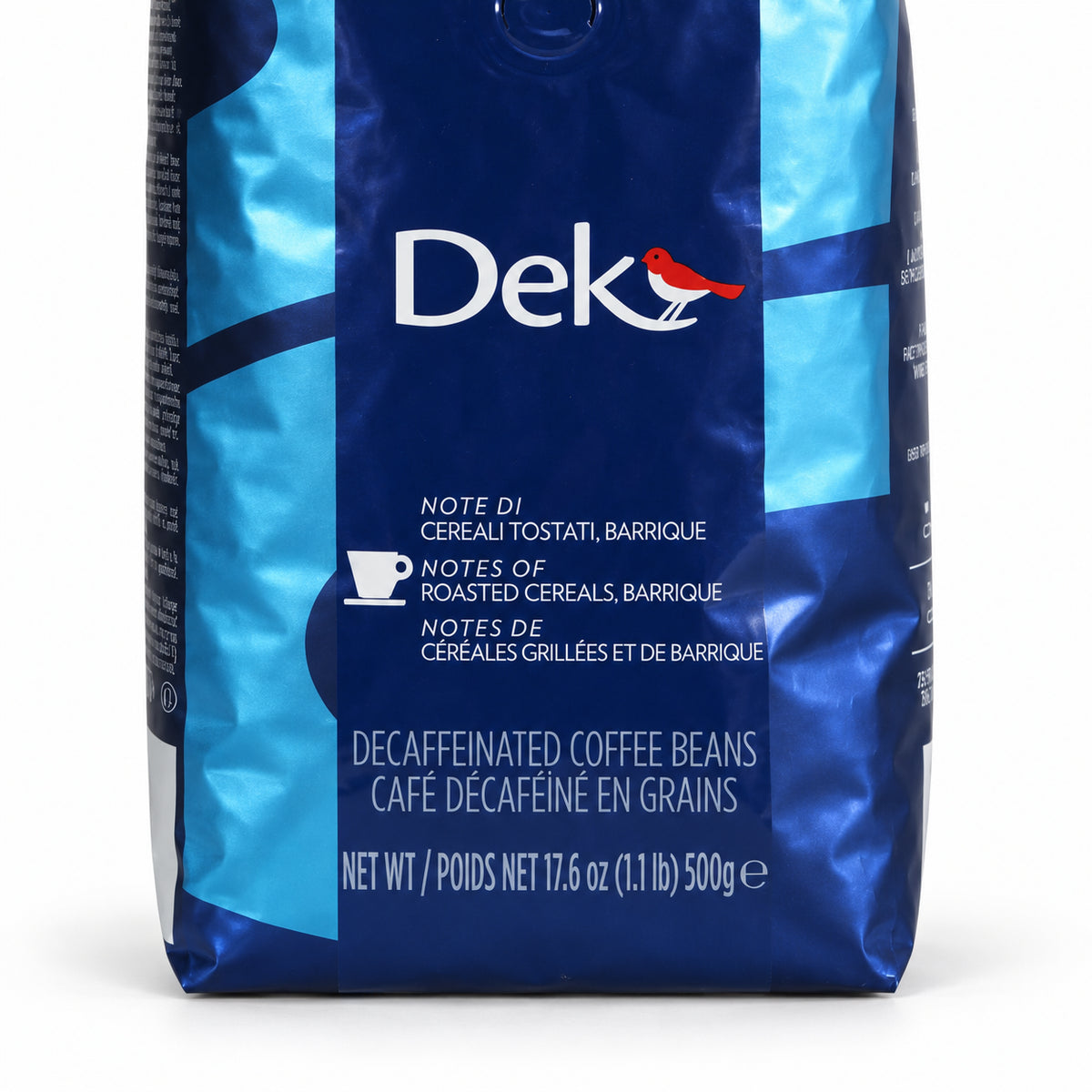 Lavazza Professional DEK decaffeinated coffee beans 500g, close-up of the label