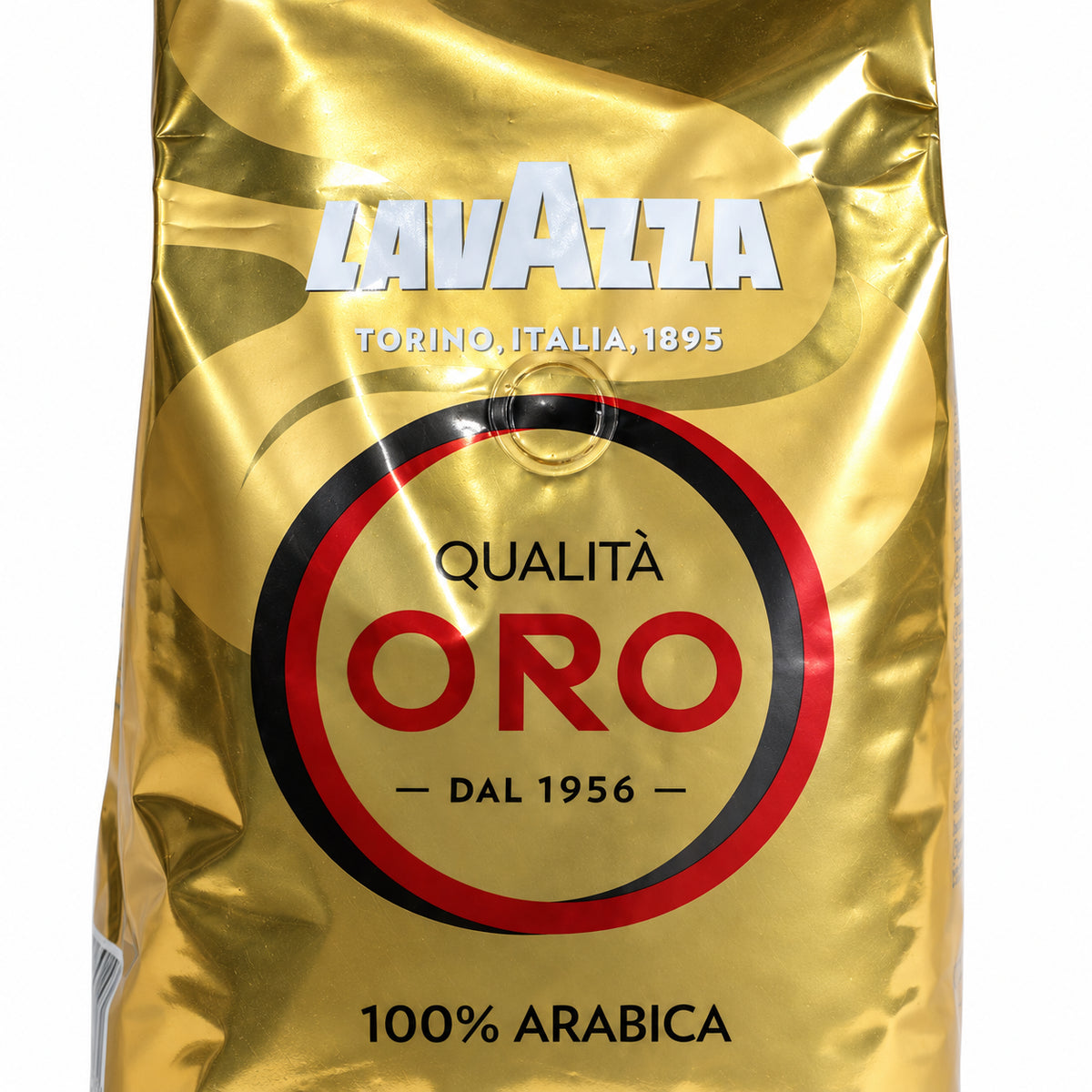 Lavazza Qualita Oro Coffee Beans 1kg, close-up of the label