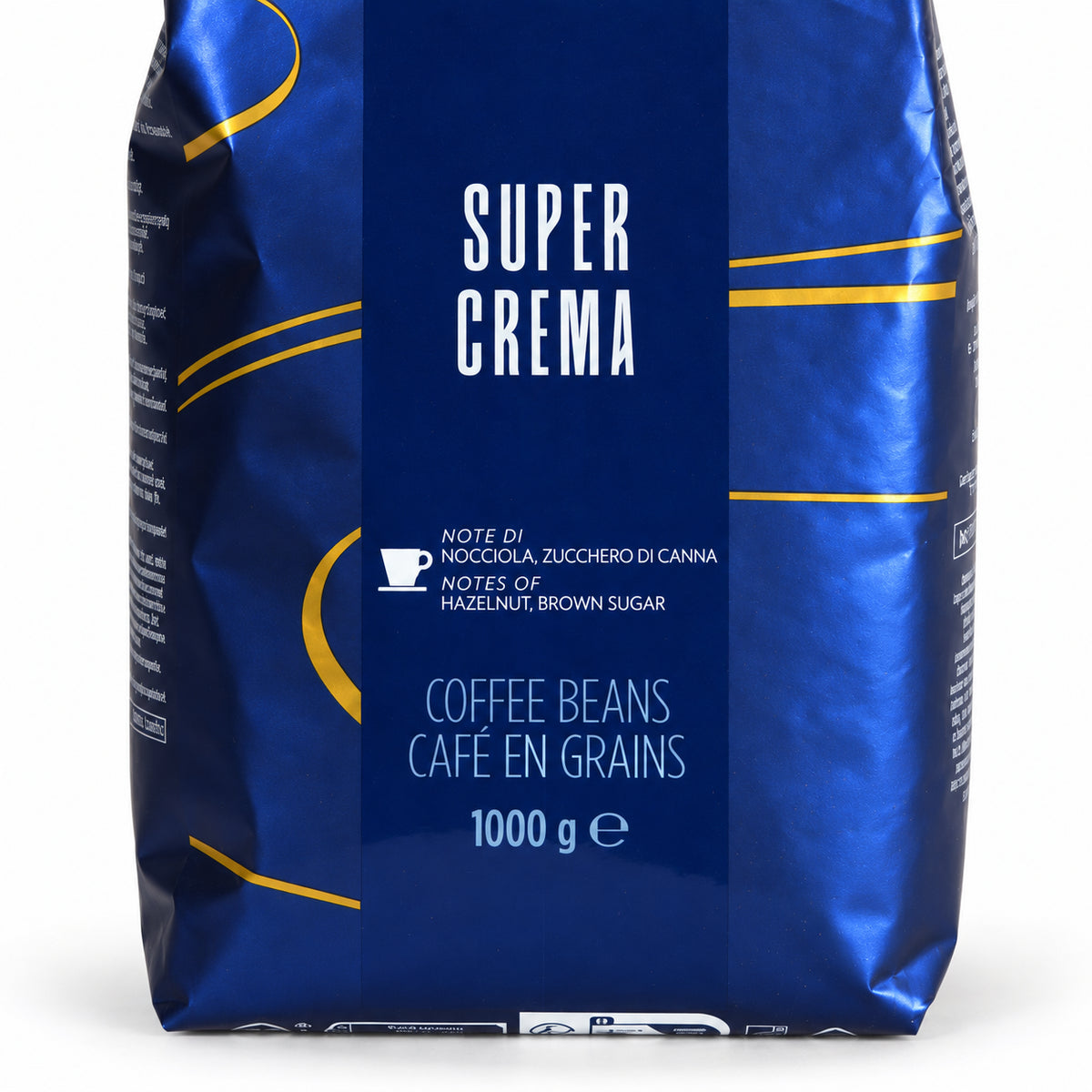 Lavazza Super Crema coffee beans 1kg, close-up of the label