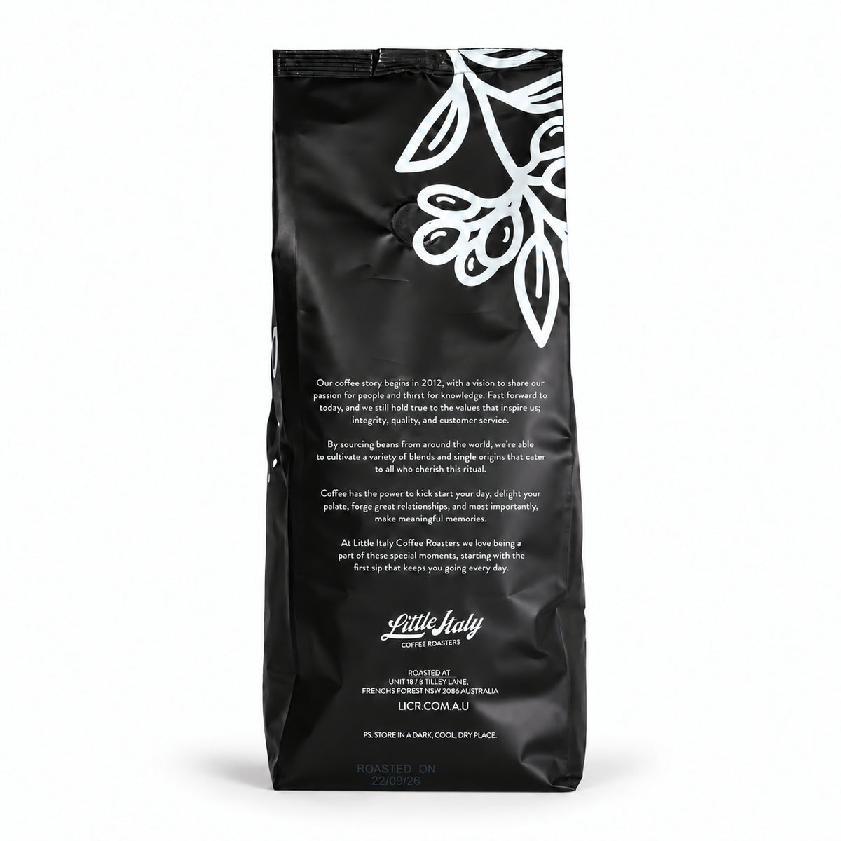 Little Italy Ora Espresso Coffee Beans 1kg, back of the pack