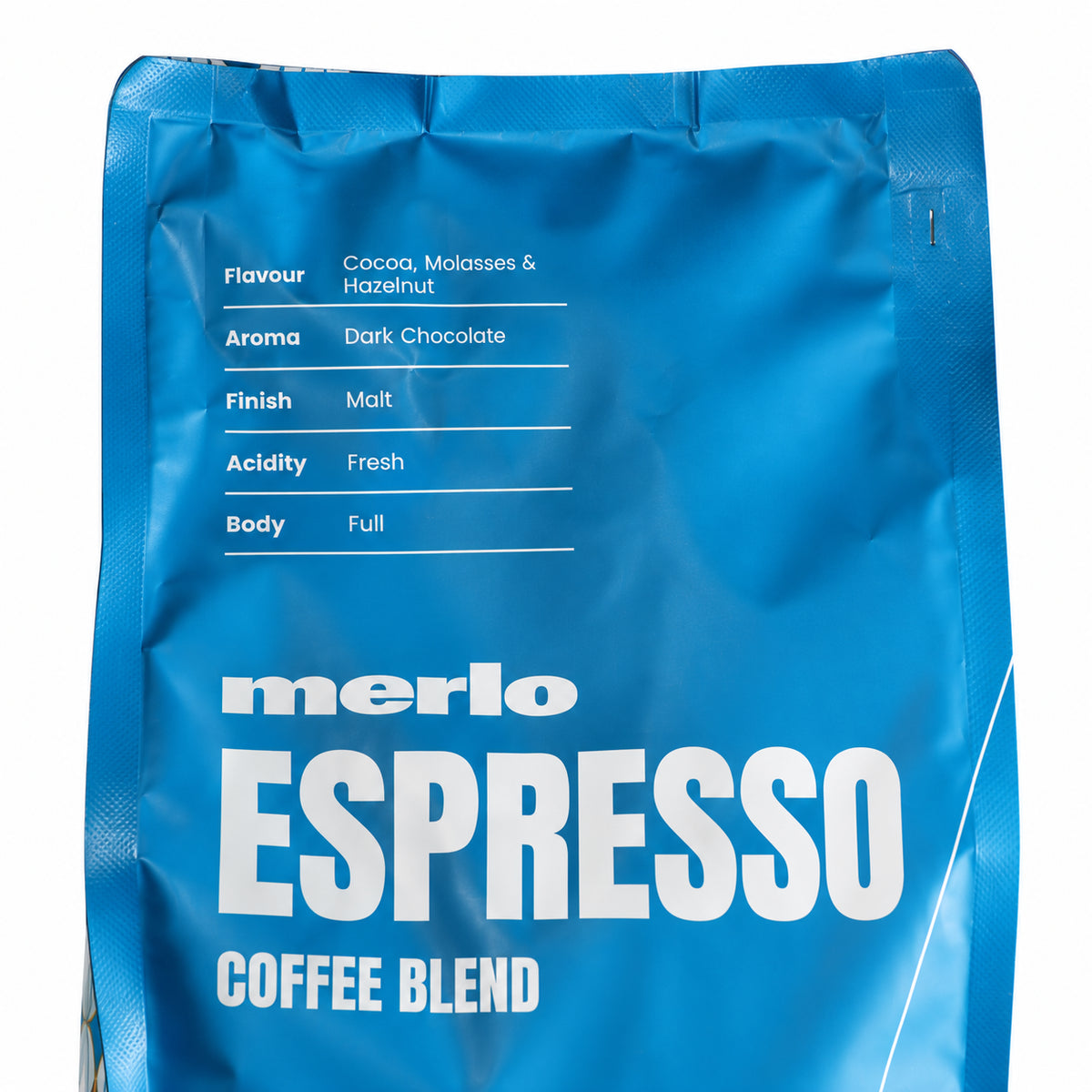 Merlo Coffee Espresso Blend Coffee Beans 1kg, close-up of the label