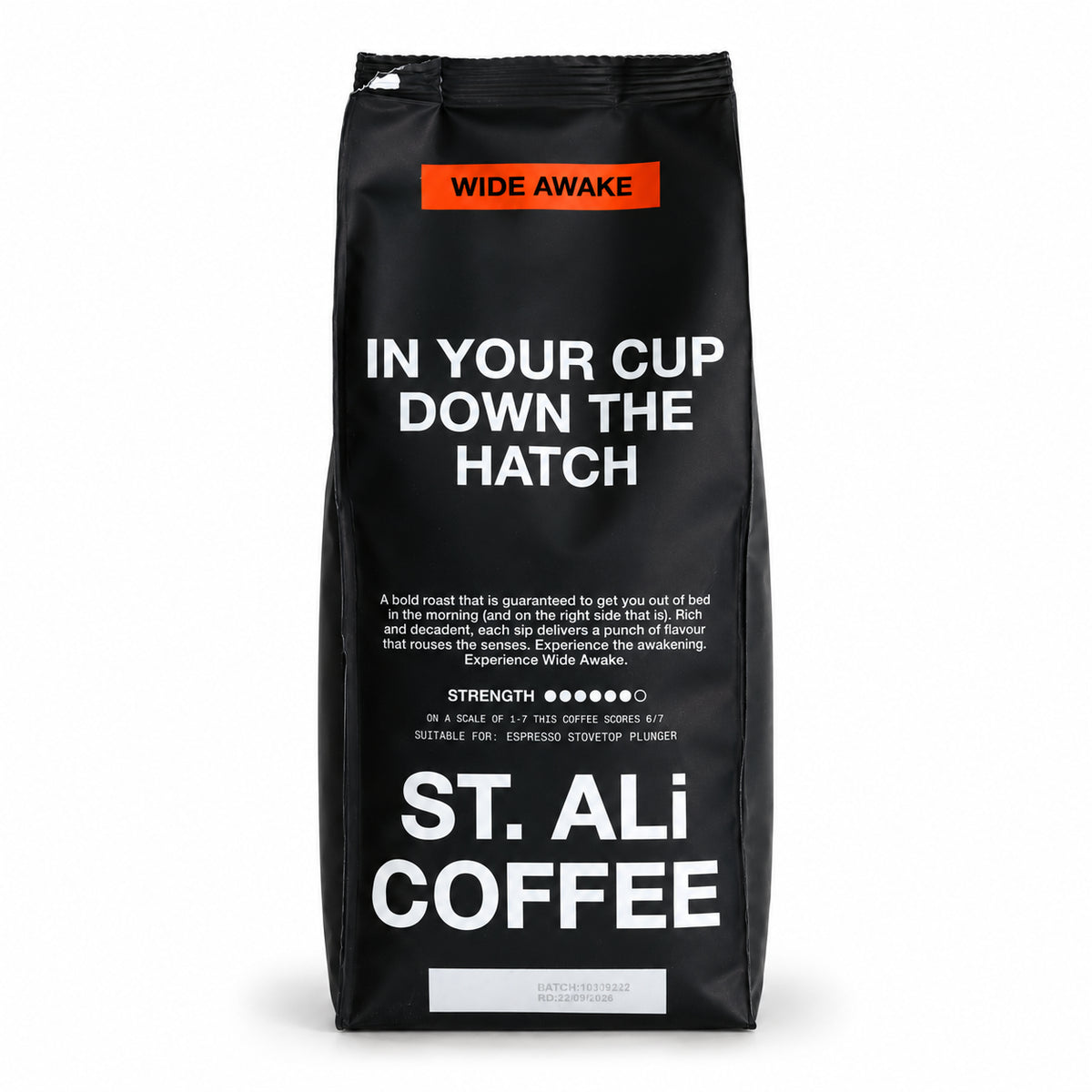 ST. ALi Wide Awake Espresso Blend Coffee Beans 1kg, back of the pack