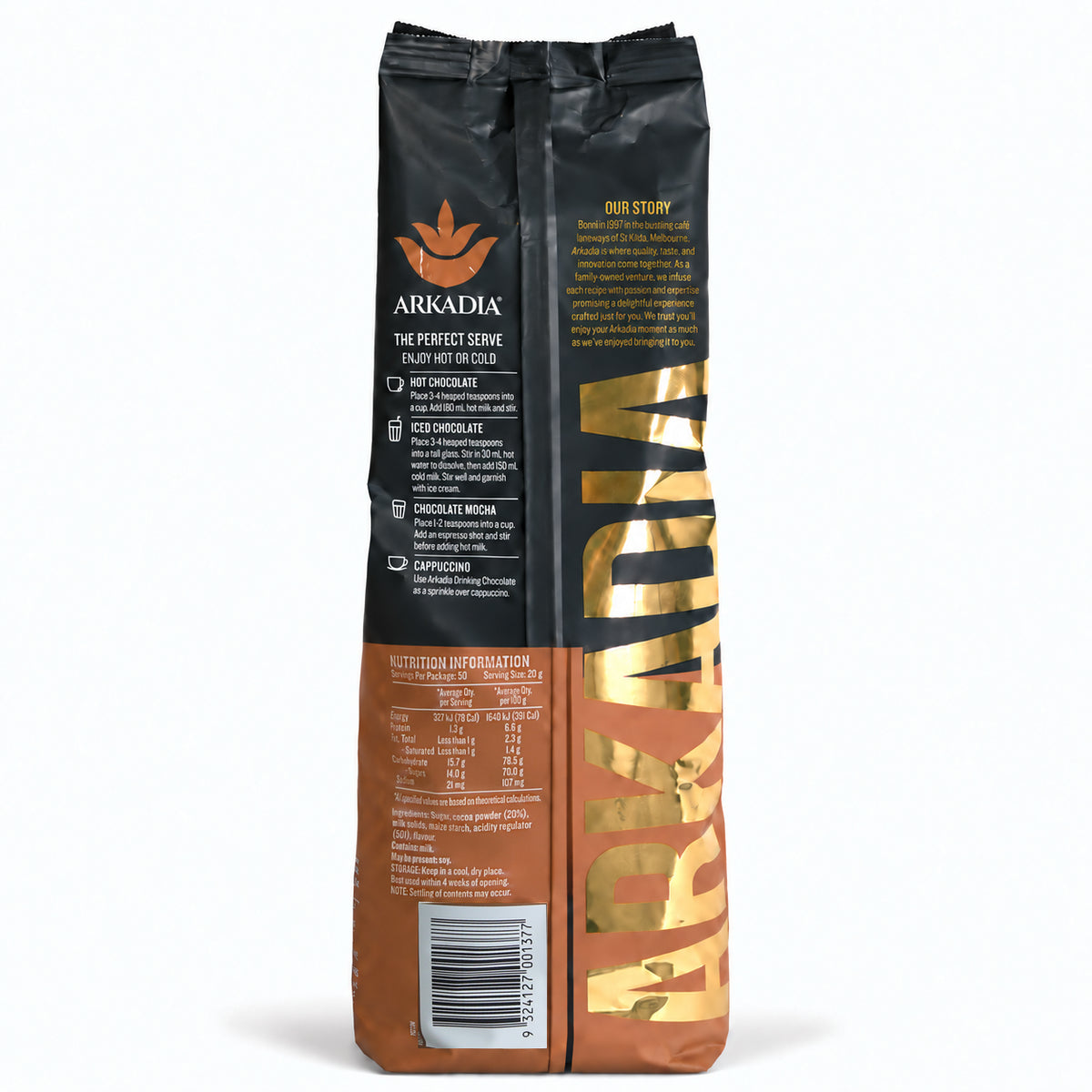 Arkadia Drinking Chocolate 1kg, back of the pack