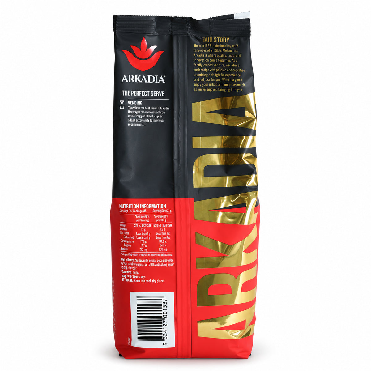 Arkadia Vending Chocolate Original 750gm, back of the pack