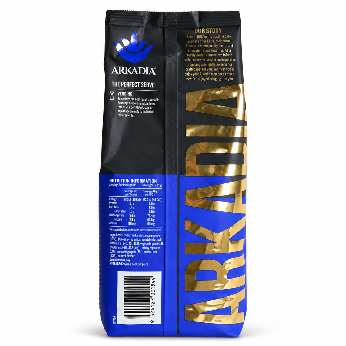Arkadia Vending Chocolate Premium 750gm, back of the pack