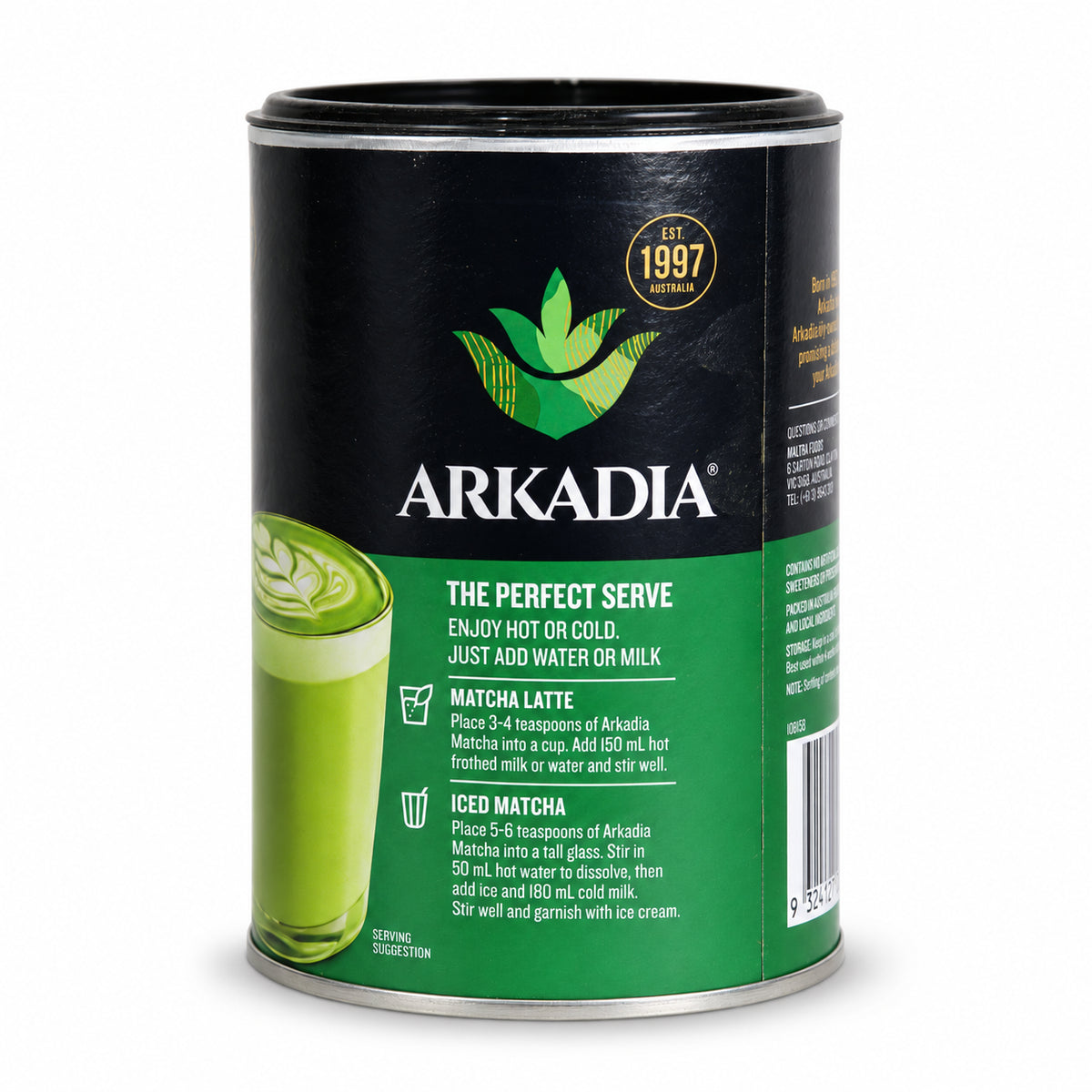 Arkadia Matcha Latte Original 220g, side of the pack