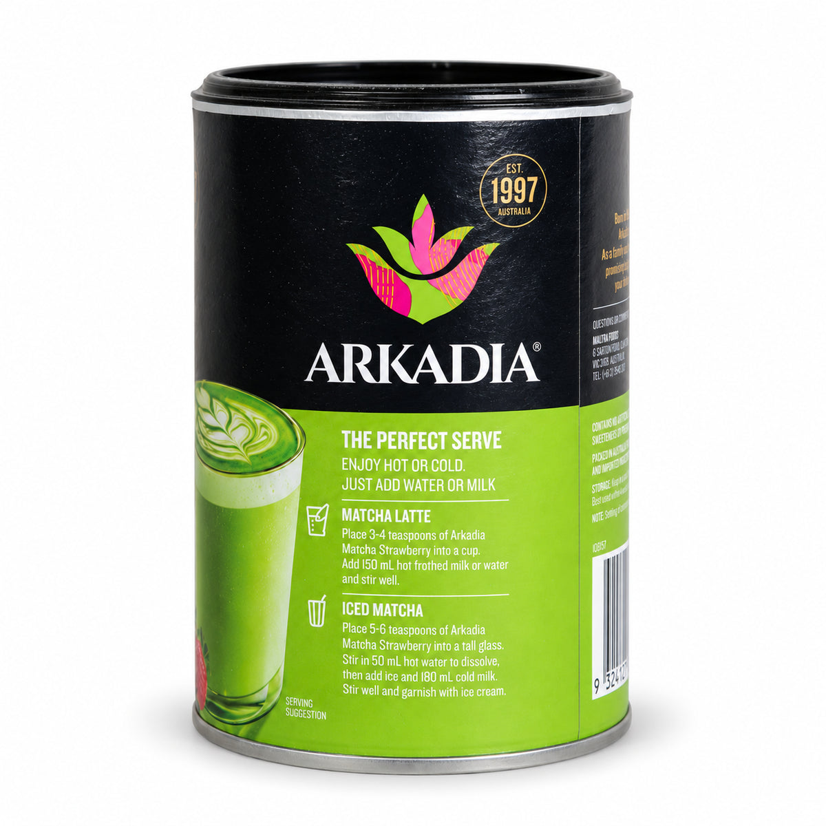 Arkadia Matcha Latte Strawberry 220g, side of the pack