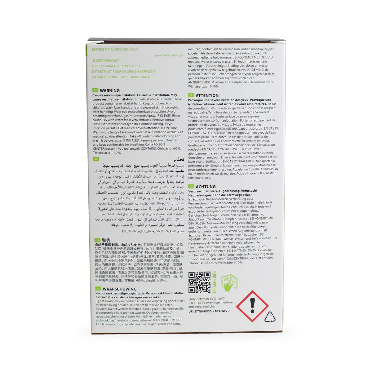 Cafetto Renew Descaler 6 x 25 grams Sachets, back of the pack
