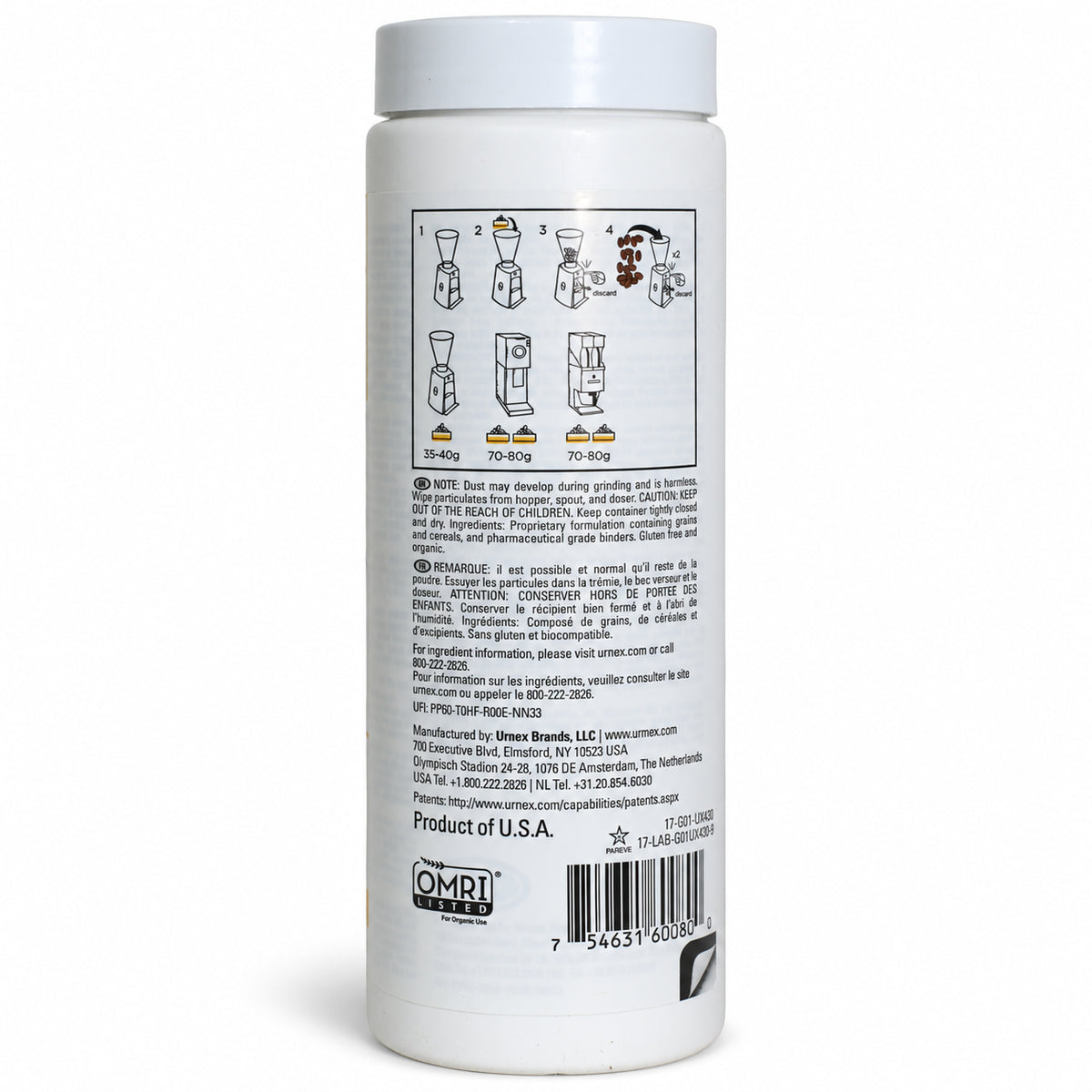 Urnex Grindz Grinder Cleaning Pellets, back of the pack