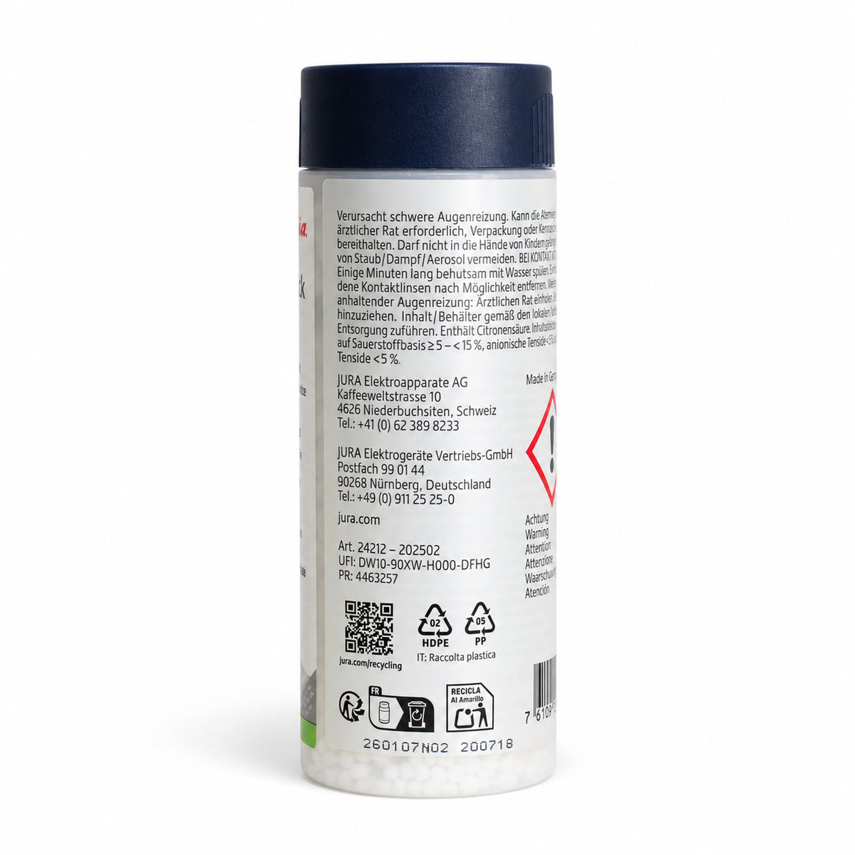 Jura Milk System Cleaner Mini Tabs 180g, back of the pack