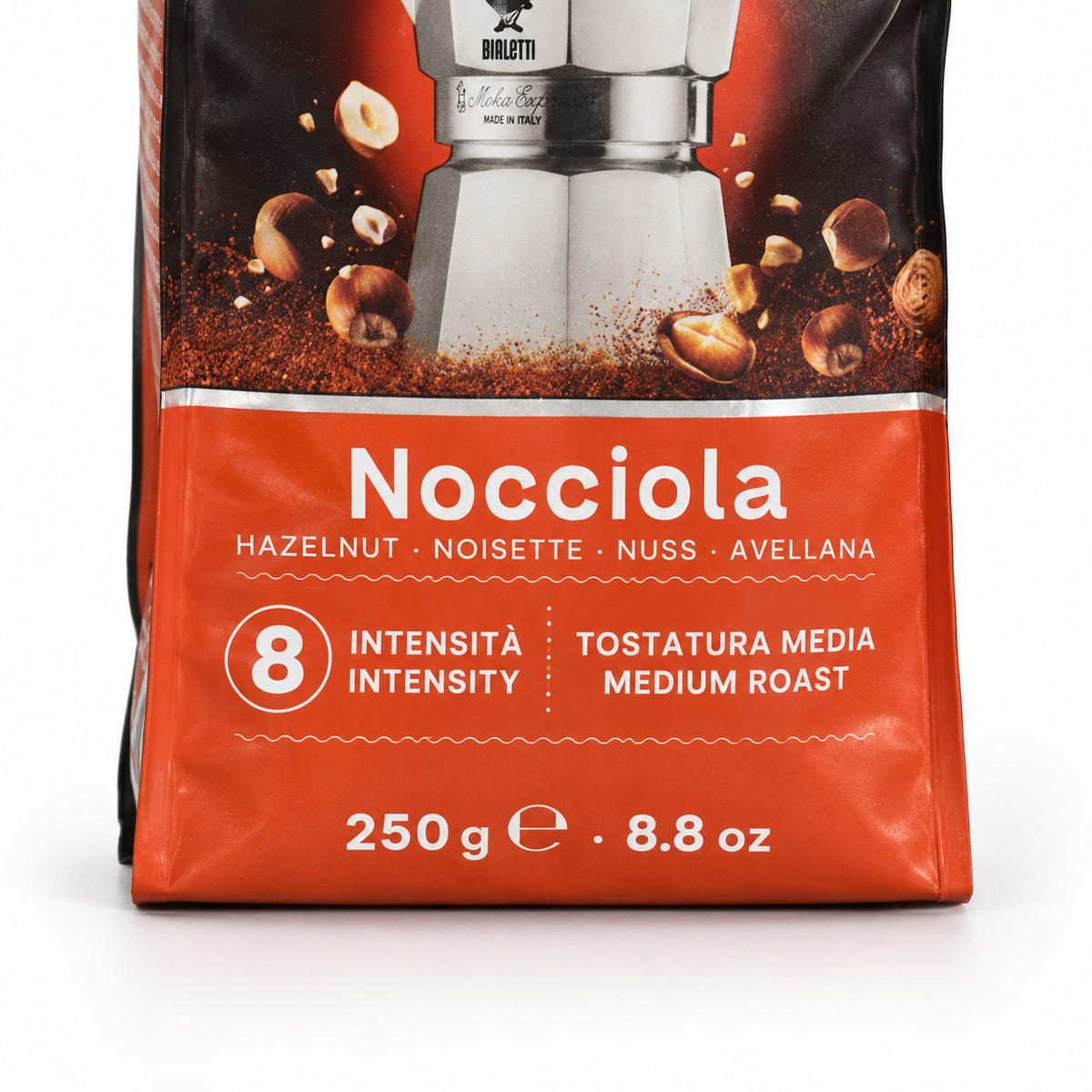 Bialetti Perfetto Moka Hazelnut Ground Coffee 250g, close-up of the label