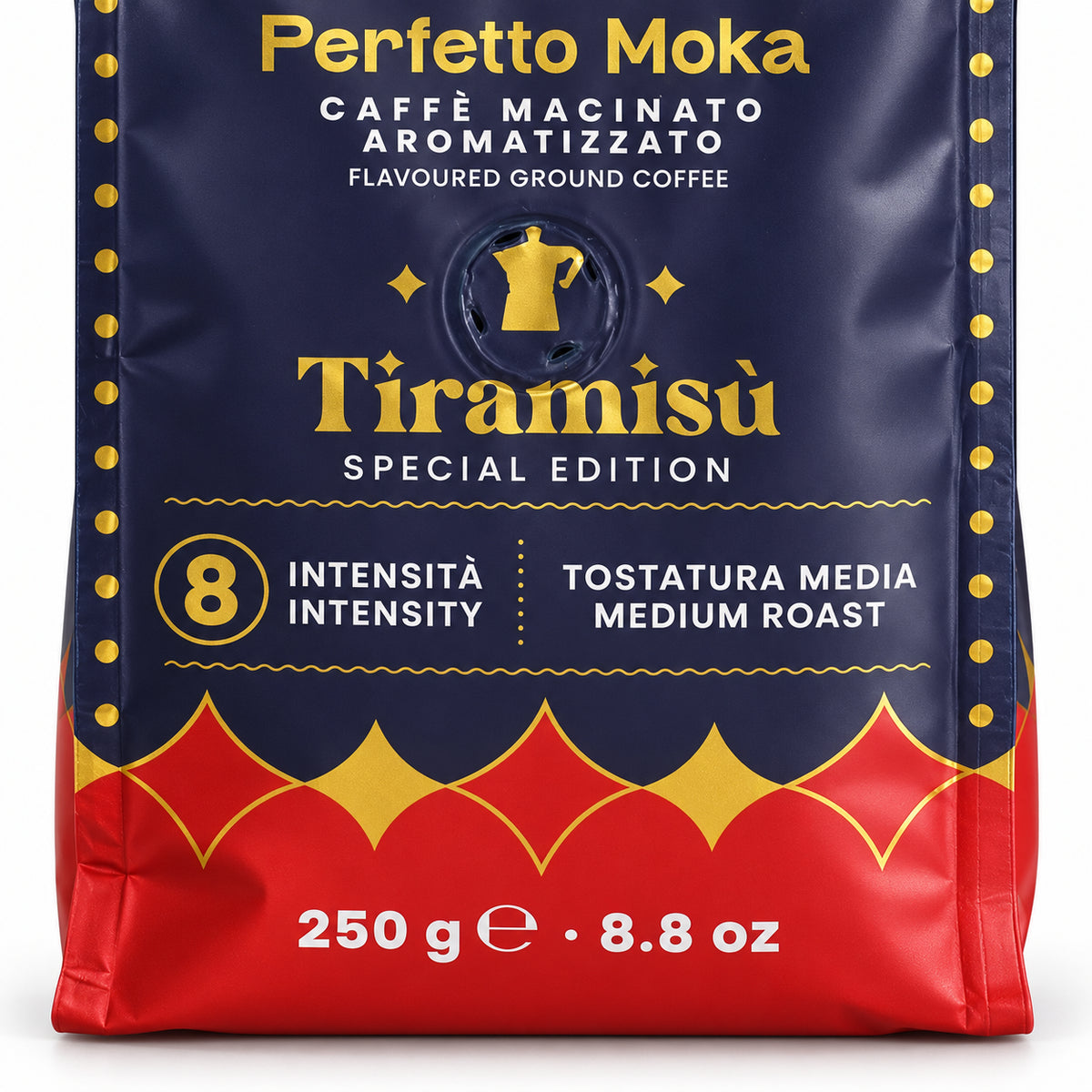 Bialetti Magico Ricordo Ground Coffee and Gift Tin 250g, close-up of the label