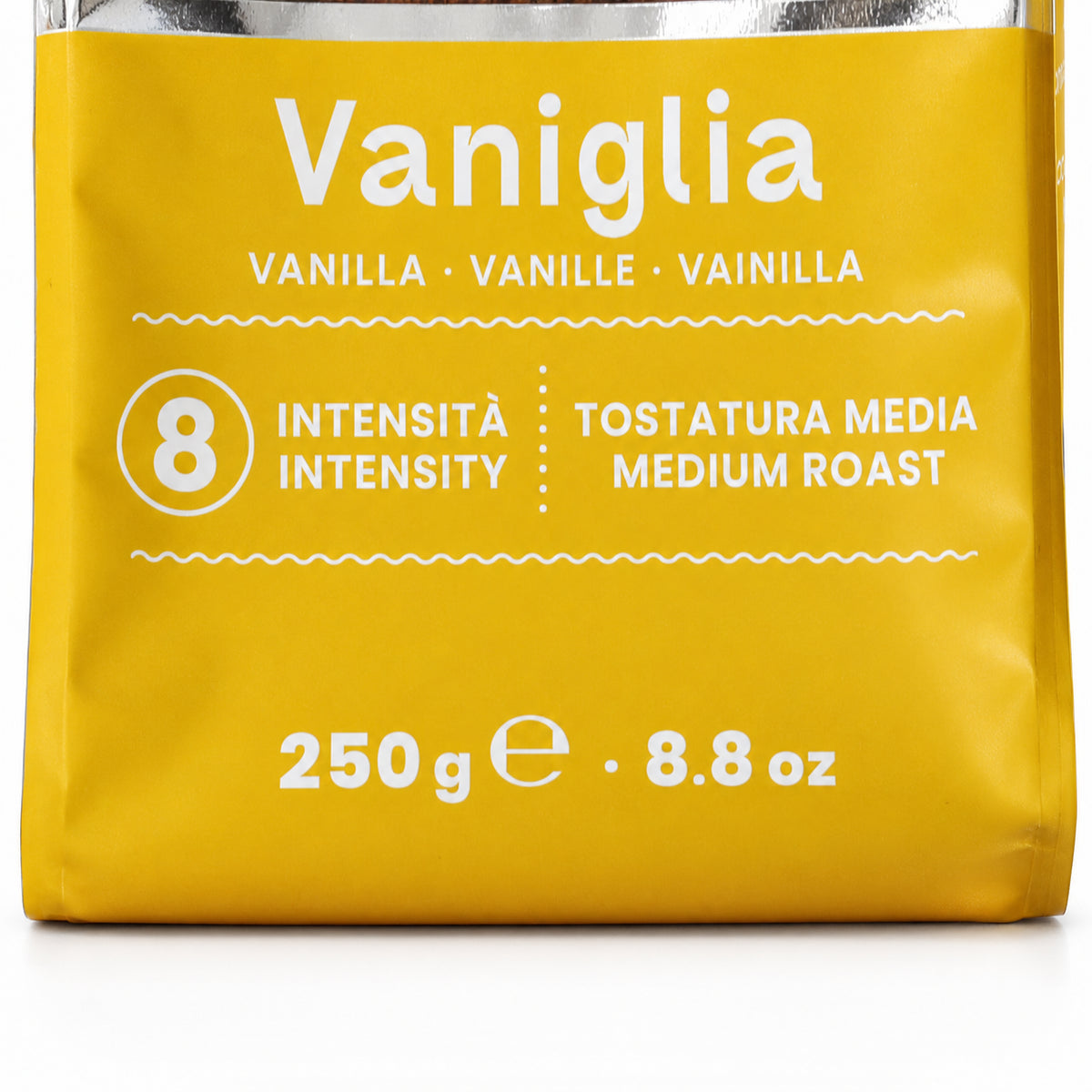 Bialetti Perfetto Moka Vanilla Ground Coffee 250g, close-up of the label