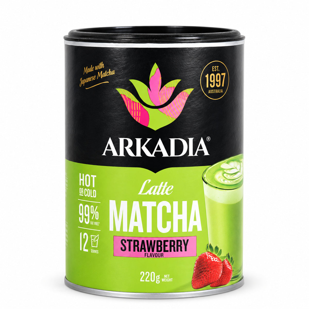 Arkadia Matcha Latte Strawberry 220g, front of the pack