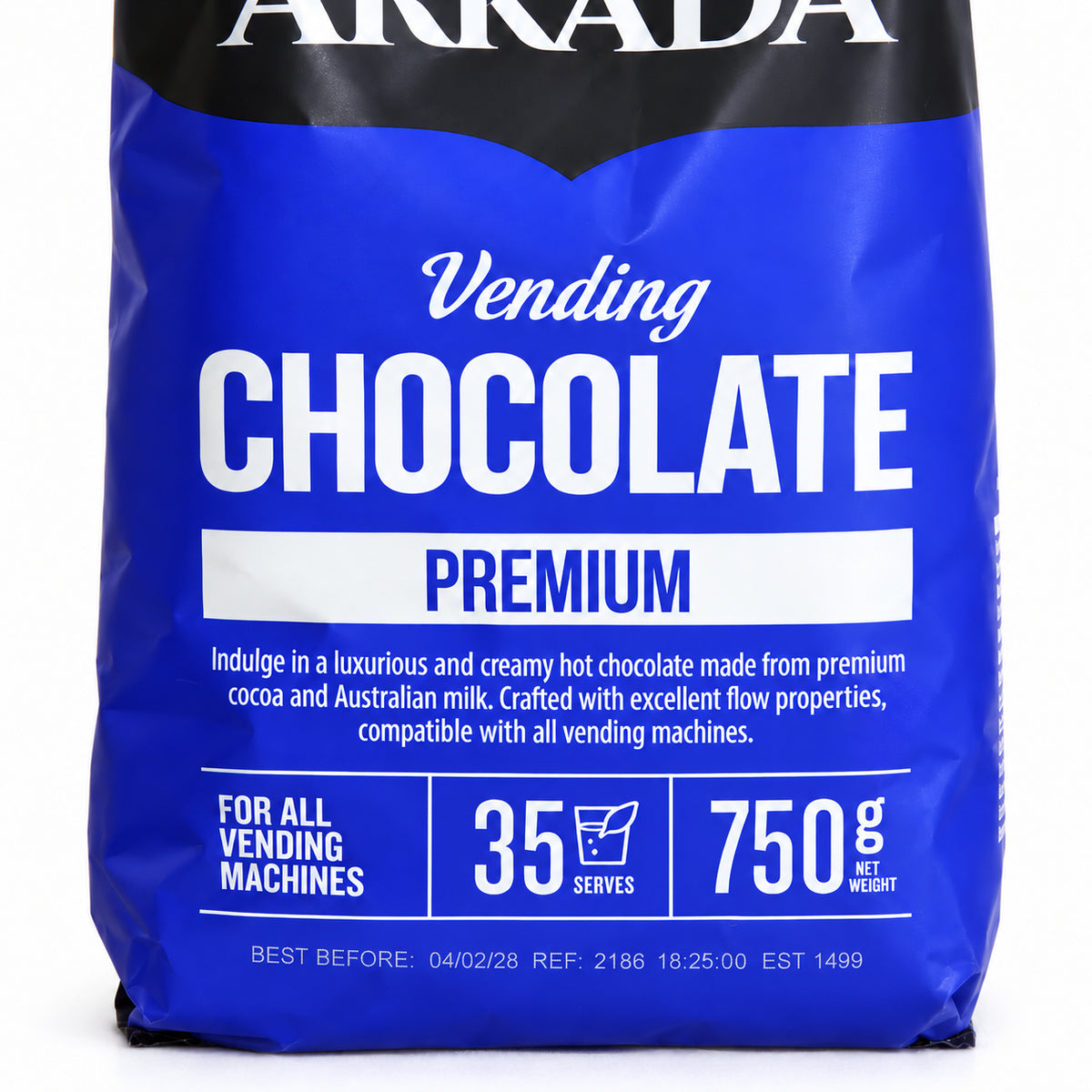 Arkadia Vending Chocolate Premium 750gm, close-up of the label