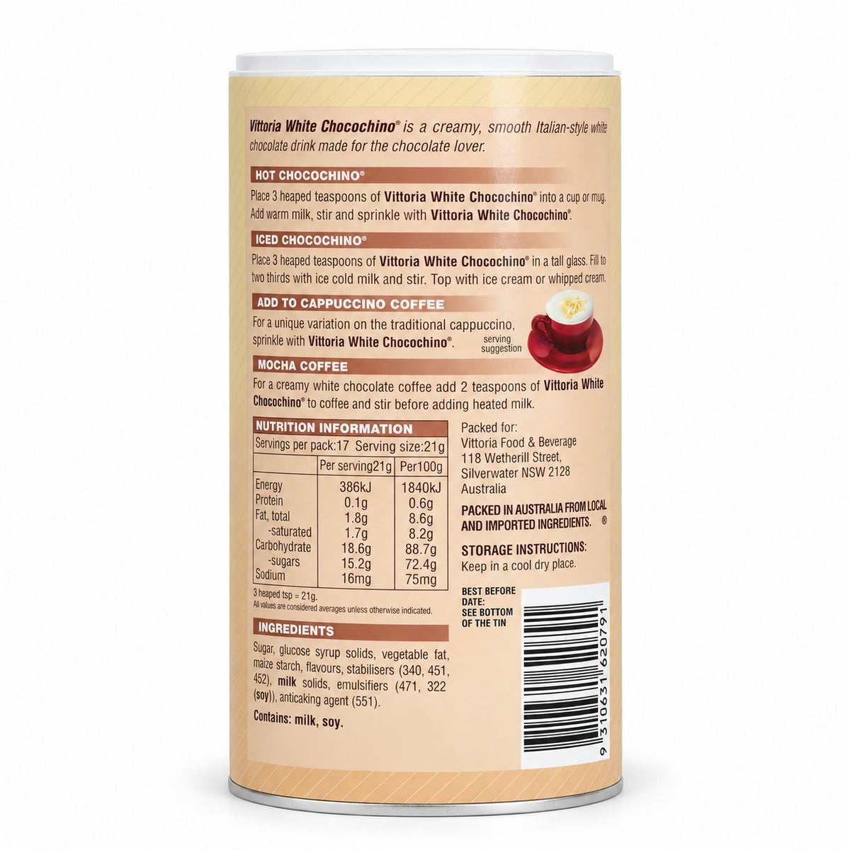 Vittoria Chocochino White Chocolate 375g, back of the pack