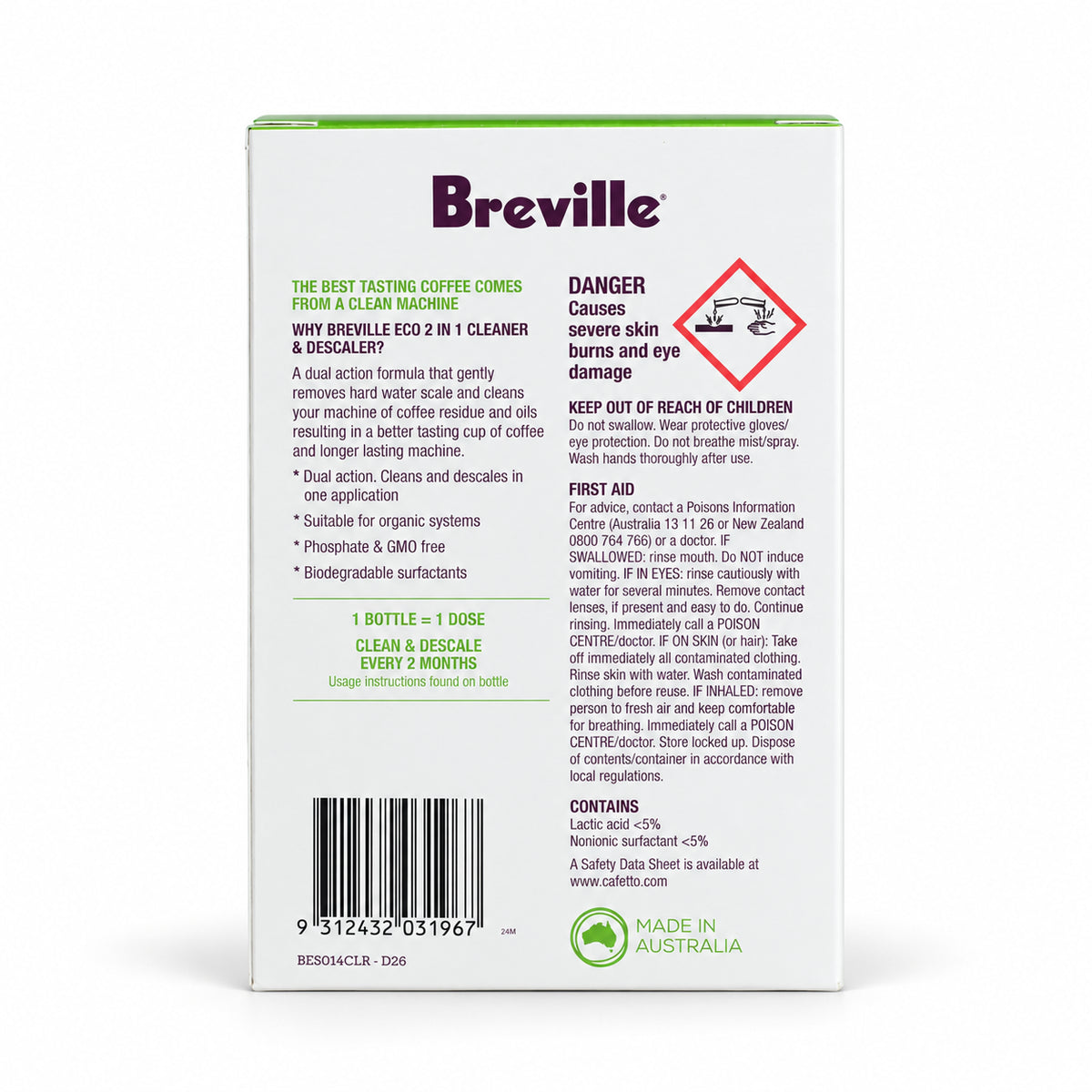 Breville Eco 2-in-1 Cleaner & Descaler, back of the pack