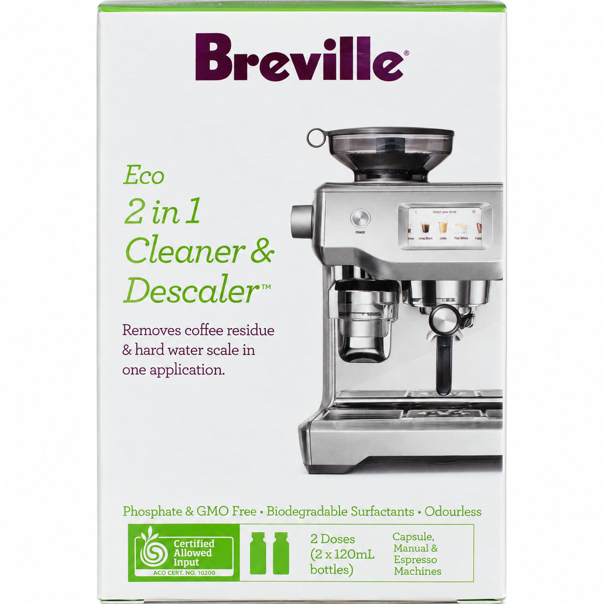 Breville Eco 2-in-1 Cleaner & Descaler, close-up of the label